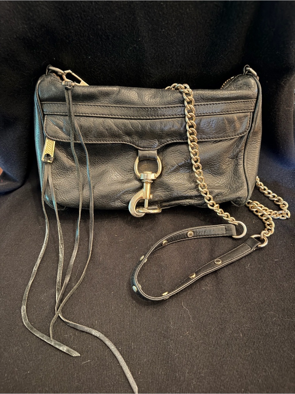 Rebecca Minkoff Black Leather Crossbody with Gold Chain